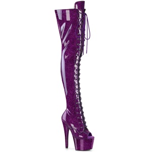 Glitter Violeta 18 cm PEEP TOE tacones botas altas por encima de la rodilla con cordones