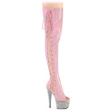 Strass rosa 18 cm open toe tacones botas altas por encima de la rodilla con cordones