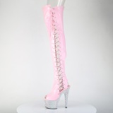 Strass rosa 18 cm open toe tacones botas altas por encima de la rodilla con cordones