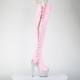 Strass rosa 18 cm open toe tacones botas altas por encima de la rodilla con cordones